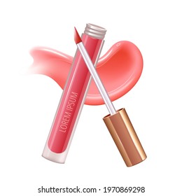 Make-up set for lips with realistic creme smear, realistic liquid lipstick.