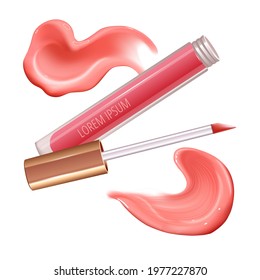 Make-up set for lips with realistic creme smear, realistic liquid lipstick.