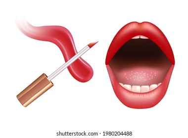 Make-up set for lips with realistic creme smear, realistic liquid lipstick and lips.