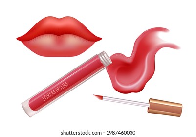 Make-up set for lips with realistic creme smear, realistic liquid lipstick and lips.