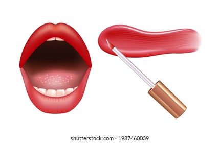 Make-up set for lips with realistic creme smear, realistic liquid lipstick and lips.