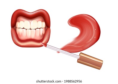 Make-up set for lips with realistic creme smear, realistic liquid lipstick and lips.