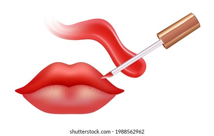 Make-up set for lips with realistic creme smear, realistic liquid lipstick and lips.