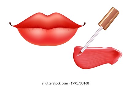 Make-up set for lips with realistic creme smear, realistic liquid lipstick and lips.