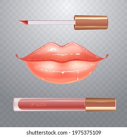 Make-up set for lips with realistic glossy shining lips and liquid lipstick.