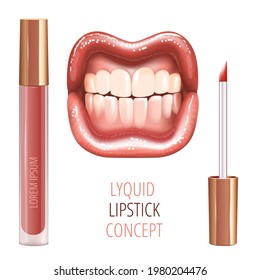 Make-up set for lips with realistic glossy shining smiling lips and liquid lipstick.