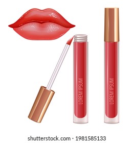 Make-up set for lips with realistic liquid lipstick container and shining glossy lips.