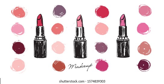 Makeup set. Lipstick hand drawn illustration.	