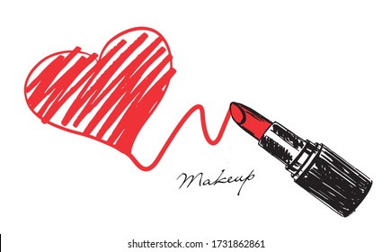 Makeup set. Lipstick hand drawn illustration. Grunge heart.	
