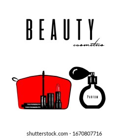 Make-up set: lipstick, mascara with brush, red cosmetic bag and perfume sketch illustration. Vector hand drawn beuaty cosmetics products. Fashion makeup collection set