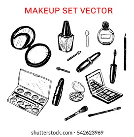 Makeup set of lipstick, mascara, eyeshadow, powder, eyeliner, perfume bottle, nail polish hand drawn sketch