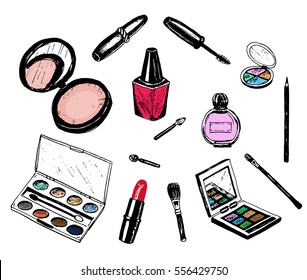 Makeup set of lipstick, mascara, eyeshadow, powder, eyeliner, perfume bottle, nail polish hand drawn colored sketch
