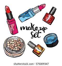 Makeup set. Lipstick, nail polish, powder, eye shadow. Isolated vector objects on white background.