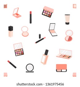 Makeup set in a old rose palette. Abstract foundation, powder, lipstick, eye shadows.Vector illustration