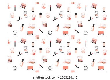 Makeup set in a old rose palette. Abstract foundation, powder, lipstick, eye shadows. Vector illustration is isolated on a white background. - seamless pattern