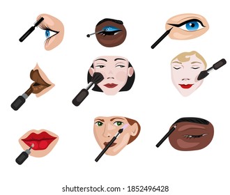 Makeup set on isolated white background. Faces of women, tools for makeup. Eyeshadow, mascara, lipstick, brow pencil, eyeliner, bronzer, blush, highlighter, lip gloss