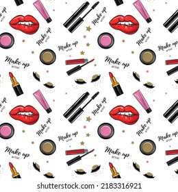 Makeup Set Pattern. Cosmetics Collection Background. Hand Drawn Doodle Cosmetic Products. Beauty and Fashion Items Vector illustration	