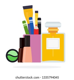 Makeup set with pencils and brushes in a cup, perfume and nail polishes vector icon flat illustration isolated on white