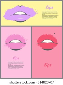 Makeup set of posters, Glamorous makeup set of banners, Creative design for card, web design background, book cover. Print of lips