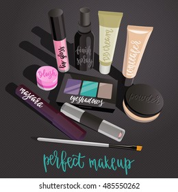 Makeup set. Powder, eyeshadows, lip gloss, mascara, concealer, blush, strobing palette, brush, handwritten lettering. Concept for beauty salon, visage and makeup. Vector items on dark background.