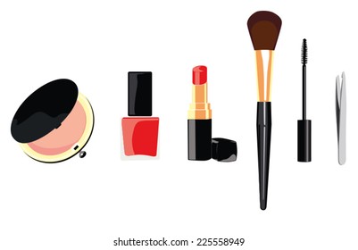 Makeup set with powder nail polish lipstick brush mascara and tweezer on white background