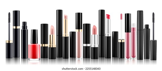 Maquillaje. Productos cosméticos realistas: lápiz labial y glosas labiales, esmalte de uñas, mascara , aislado en fondo blanco.