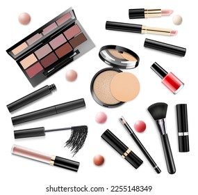 Makeup set. Realistic cosmetic products: eye shadow, powder, blush, eyeliner, concealer, lipstick and lip gloss, foundation, nail polish, mascara, and makeup brushes isolated on white background.