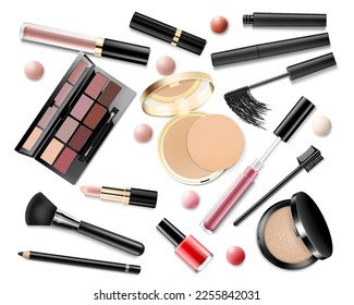 Maquillaje. Productos cosméticos realistas: sombra de ojos, polvo, rubor, delineador, ocultador, lápiz labial y brillo de labios, fundación, esmalte de uñas, mascara y pinceles de maquillaje aislados en fondo blanco.