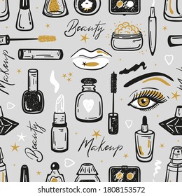Makeup Set Seamless Pattern. Cosmetics Collection Background. Hand Drawn Doodle Cosmetic Products. Beauty and Fashion Items Vector illustration