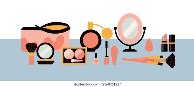 Makeup set and makeup tools flat vector illustration.  decorative cosmetics. Eyes, lips cosmetics. Women purse stuff, lipstick, mascara, shadows, perfume, brush, mirror, sponge, compact powder