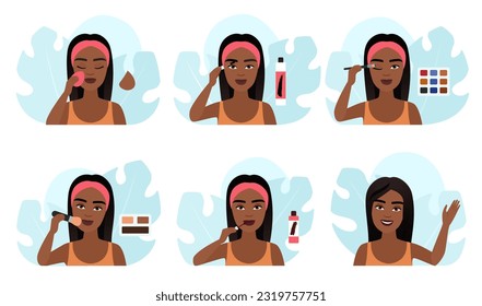 Makeup set vector illustration. Dark skin girl apply foundation on skin of face with sponge, use beauty blender and mascara, eyeshadow palette and glamour lipstick, professional visage collection