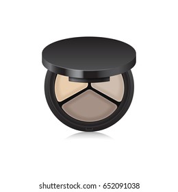 Makeup shadow, bronzer, corrector in black case. Opened box isolated on white background. Mock up template
