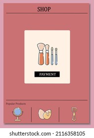 Broschüre zum Make-up-Geschäft. Bürsten. Online-Shopping-Vorlage. Flyer, Magazin, Poster, Buchumschlag, Broschüre. Speichern Sie das Informationskonzept der Webseite. Seite mit Layouthilfen und Symbol