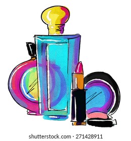 Make-up sketch illustration. Compact powder, lipstick, perfume bottles, isolated on white background