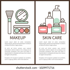 Makeup and skin care posters collection with title and text, brush and eyeshadow, mirror and tubes with cream, vector illustration isolated on white