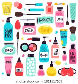 Makeup skincare elements. Cosmetics products, doodle visage tools, lipstick, cream, hand drawn skincare cosmetic bottles vector illustration set. Containers with shampoo, mask, toothpaste, cleanser