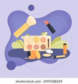 Makeup and skincare products in beautician workshop. Lipstick, blusher brush, mascara, eyeshadow palette flat vector illustration. Beauty, cosmetics concept