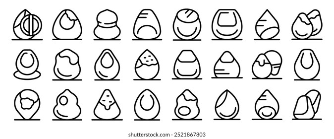 Ícones de esponja de maquiagem definidos. Vetor de avelã. Ingrediente alimentar de nozes. Concha e sementes sãs descascadas. Posição diferente. Ilustração isolada