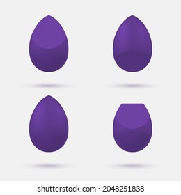Makeup sponge set realistic vector illustration. Collection purple cosmetic make up puff applying liquid foundation, tone, base, bb cc cream skin face isolated. Beauty blender mockup template design