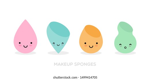 Makeup sponges. Icon set: several types of sponges. Cute sponges in different colors. Kawaii style.Vector illustration, flat design