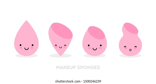 Makeup sponges. Icon set: several types of sponges. Cute sponges in color pink. Kawaii style. Vector illustration, flat design