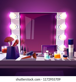 Makeup square mirror with lamps bulb, cartoon vector illustration modern silver frame with realistic light illumination for actor and beauty fashion studio. Dressing table with accessories for make-up