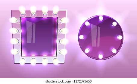 Makeup square and round mirrors with lamps bulb vector illustration of modern silver frame with realistic light illumination for actor or singer and beauty fashion studio on purple or pink background.