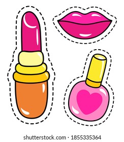 Makeup stickers, labels or print, with dotted frame cut out, pink lipstick, shiny lips, nail polish in bottle with heart, cute things, visagiste tools, creative design, patch badges, girlish stickers