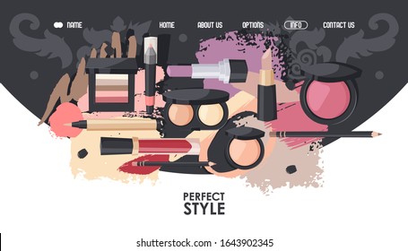 Makeup store website design, vector illustration. Landing page template for cosmetic shop, beauty salon promotion campaign. Professional makeup store, online catalog of cosmetic products collection