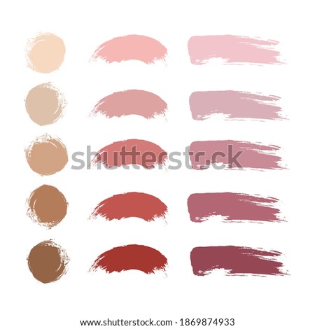 Makeup stroke brushes, nude lipstick, blush and powder or foundation swatches. Vector make up smear collection. Set of lswatches on white background