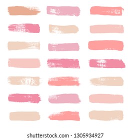 Makeup Strokes, Beauty And Cosmetic Nude Brush Stains Vector Background. Smear Make Up Lines Collection, Set Of Lipstick Swatches, Texture Isolated On White. Paint Line Texture.