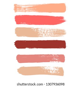 Makeup Strokes, Beauty And Cosmetic Nude Brush Stains Vector Background. Smear Make Up Lines Collection, Set Of Lipstick Swatches, Texture Isolated On White. Paint Line Texture.