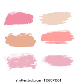 Makeup Strokes, Beauty And Cosmetic Nude Brush Stains Vector Background. Smear Make Up Lines Collection, Set Of Lipstick Swatches, Texture Isolated On White. Paint Line Texture.