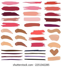 Los trazos de maquillaje iconos planos establecen Diferentes manchas coloridas de rubor, fundación, lápiz labial. Paleta Pastel para la cara. Swatches de cosméticos. Ilustraciones aisladas de color